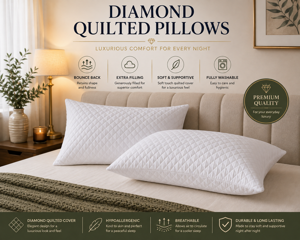 Diamond Quilted Pillows – Pair | Soft & Supportive Fibre Filled
