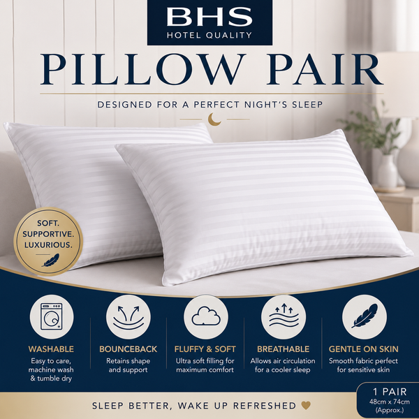 BHS Hotel Quality Pillows – Pair | Soft & Supportive Fibre Filled