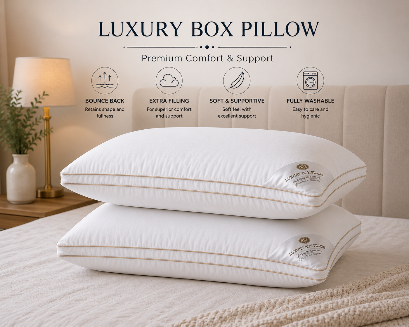 Luxury Box Pillows – Pair | Extra Filled Soft & Supportive